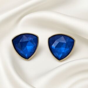 Blue Faceted Triangle Stud Earrings – Gold Triangle Trim – Geometric Jewelry